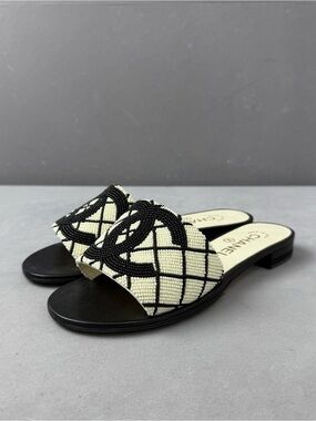 CHANEL Black & Cream Beaded Slide Mules